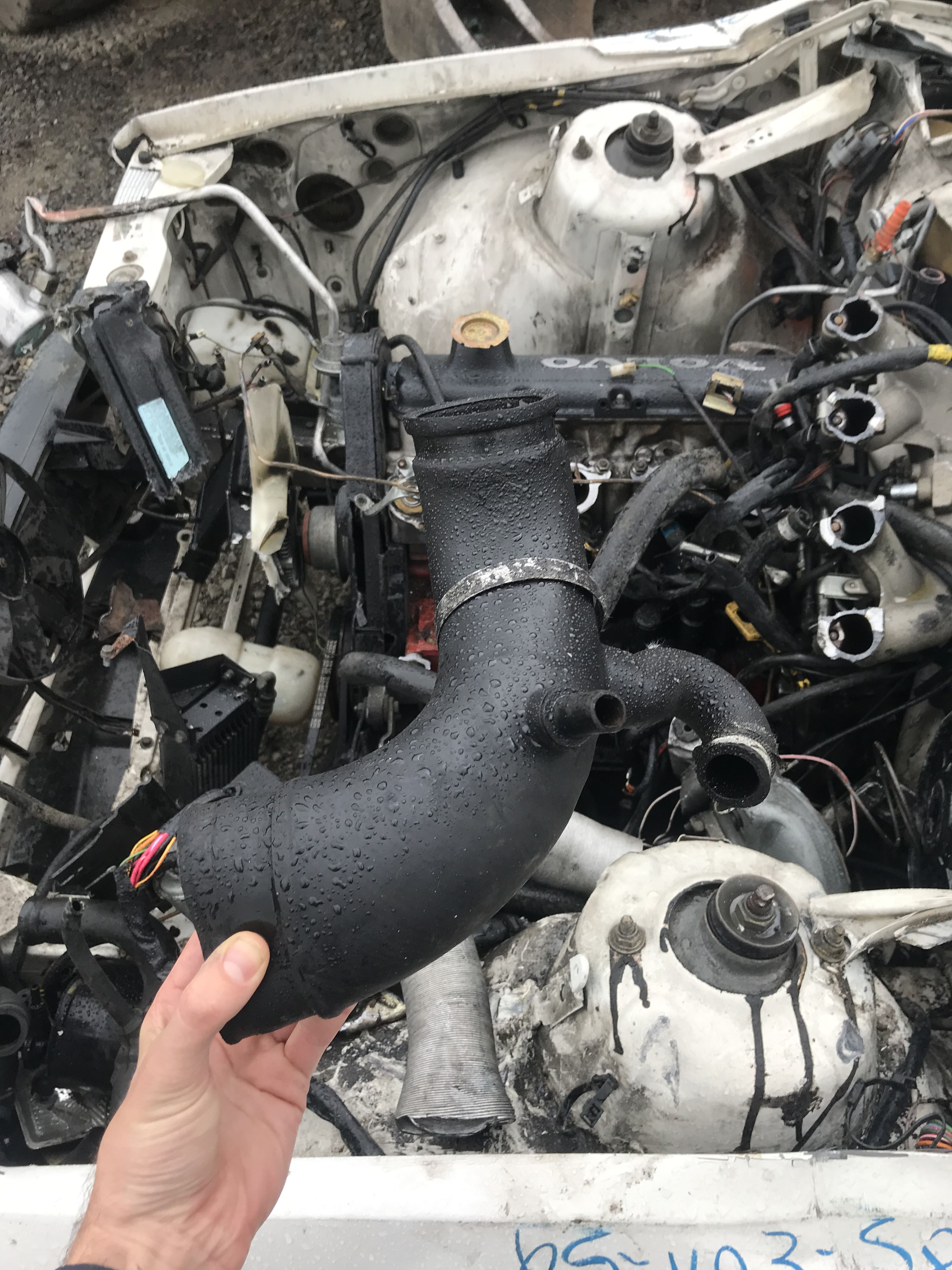 Hand holding black rubber piping in front of a car's engine bay